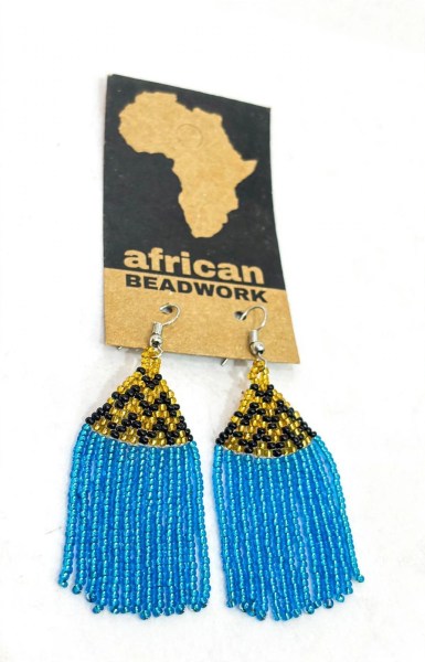 African Beaded Earrings Phinda Blue Gold Black